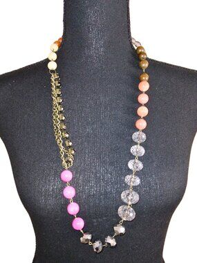 WOMEN'S ORANGE, PINK & BROWN WOOD AND BEADED NECKLACE - SIZE OS